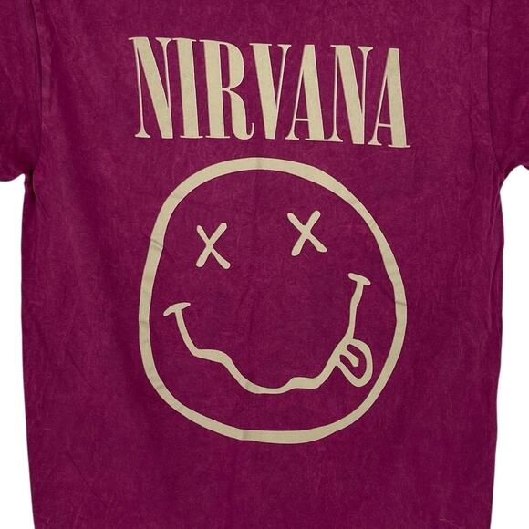 Officially Licensed Nirvana Nevermind Smiley Grunge Tee Magenta Acid Wash Small - Picture 4 of 5